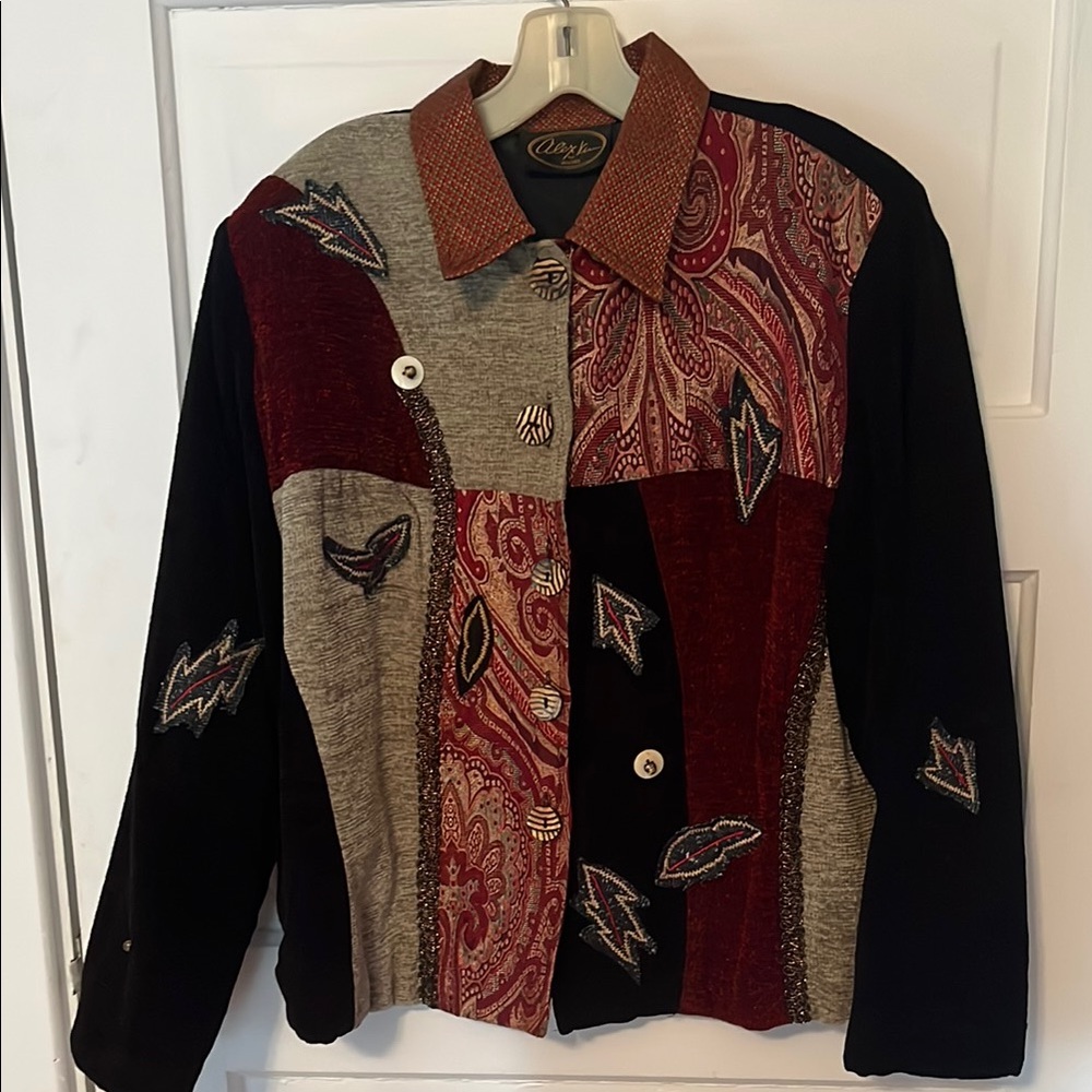 Artisan Black and Red Blazer with Patchwork Design